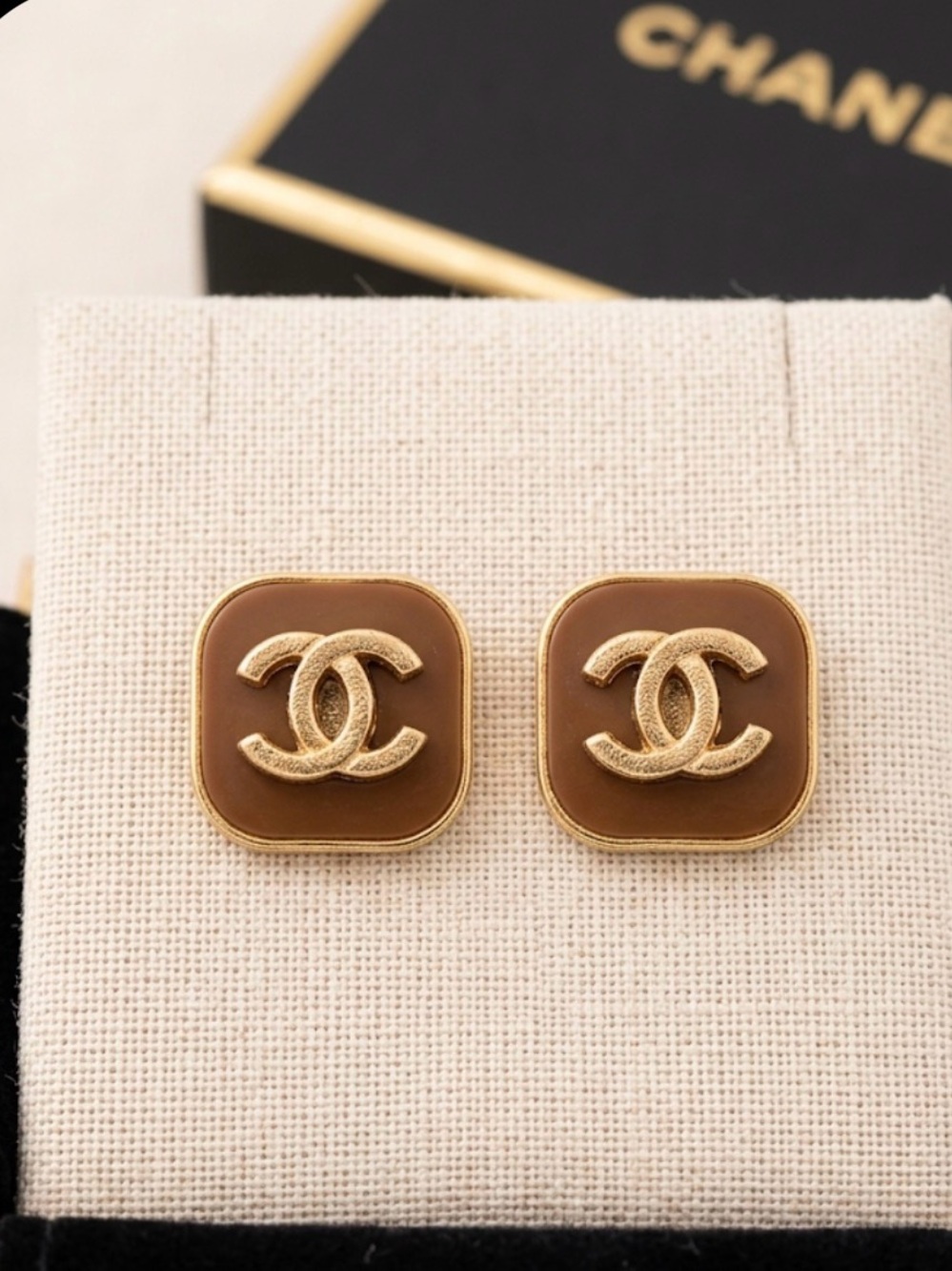 Last pair Gold-Tone and Brown CC Square Earrings